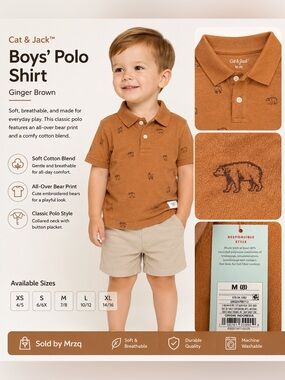 Cat & Jack Boys' Polo Shirt - Ginger Brown with Embroidered Bears